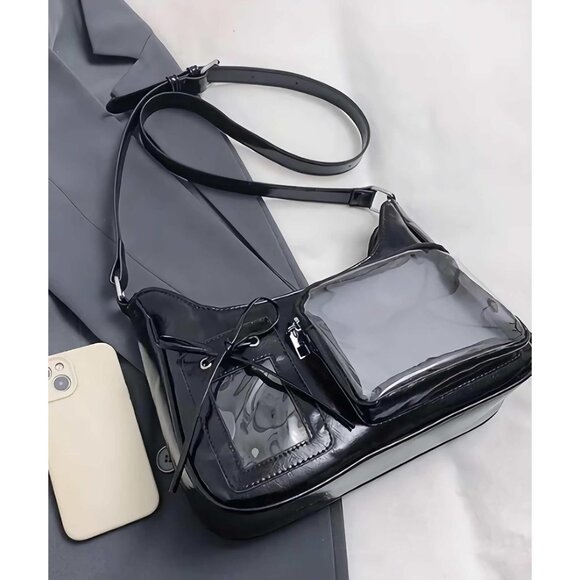 Trendy Black Clear Panel Crossbody Bag - Perfect for Gatherings & Events - Picture 7 of 8